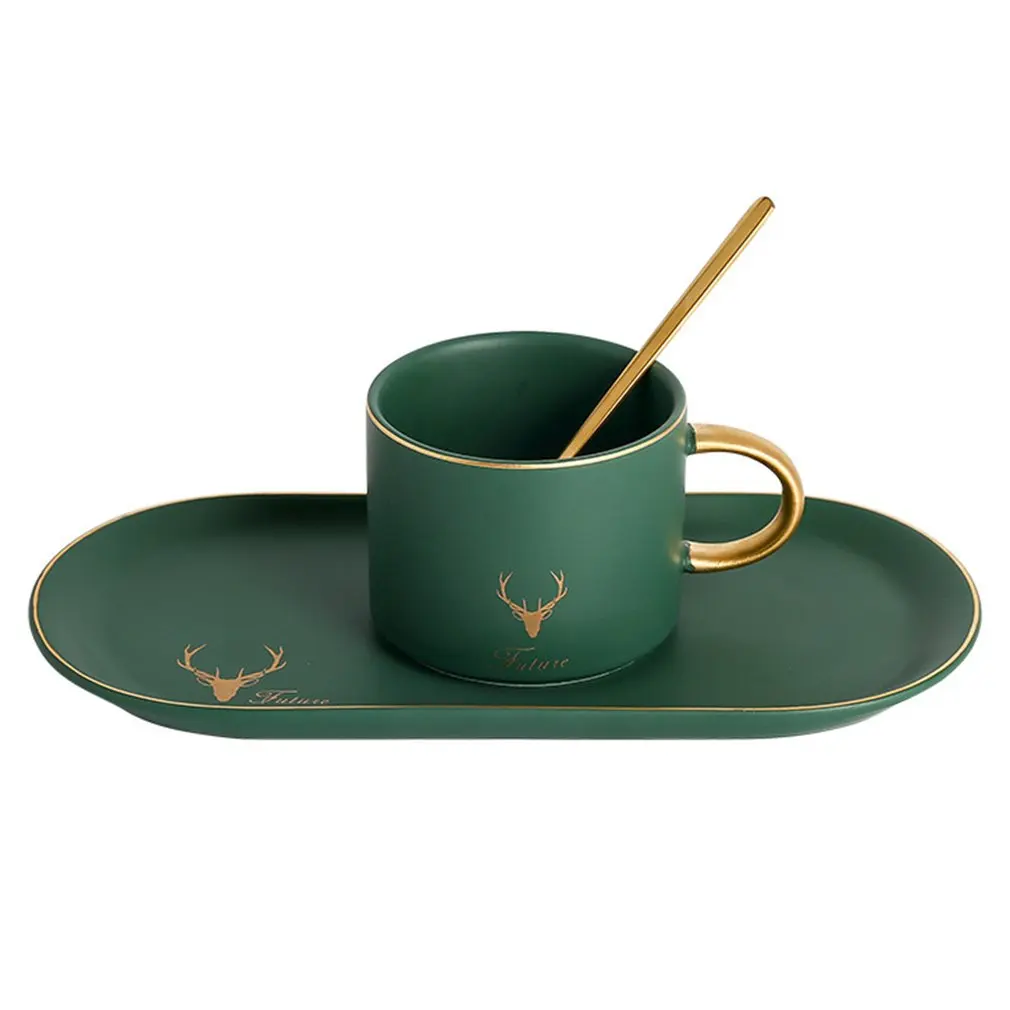 High Grade Gilt Geometric Pattern Coffee Cup Saucer Set Lover'S Gift Morning Mug Milk Coffee Tea With Spoon - Цвет: green