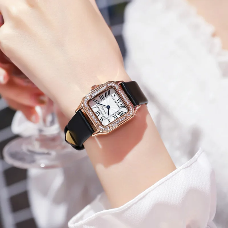 

2020 New Style Ladies Watch Luxury Brand Designer Genuine Leather Strap Elegant Square Rhinestones Roman Scale Watch Women Reloj