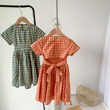 

Children's Clothing 2022 Summer New Fashion Short-Sleeve Kids Princess Dresses For Girls Plaid Waist Rope Casual Dress 3-8 Years