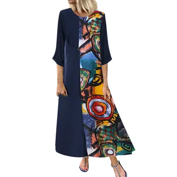 

Dress Women Casual maxi dress Vintage Print Patchwok Long Sleeve summer dress Plus Size Long Dresses vestido #Zer