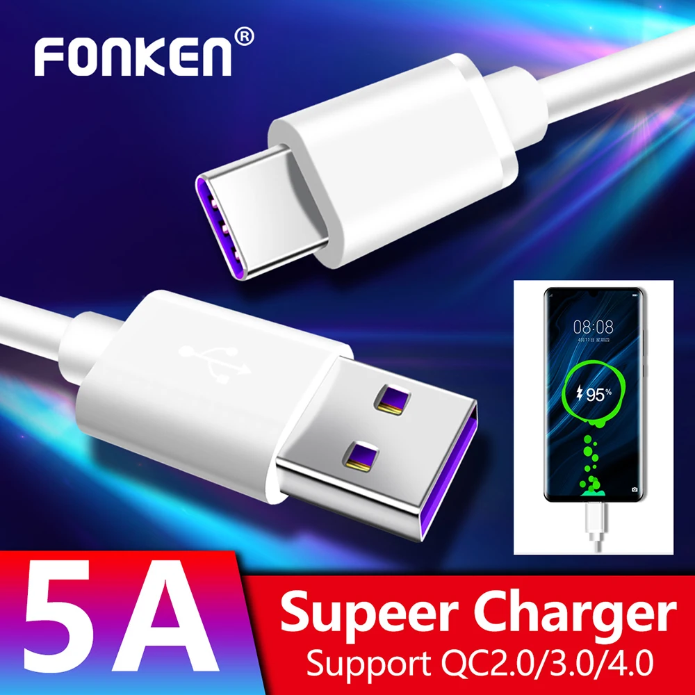 Кабель FONKEN 5A type C, кабель для быстрой зарядки USB C, кабель для быстрой зарядки телефона type-C, кабель для планшета Android, шнур для передачи данных, универсальный провод USB C