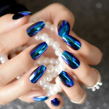 

Shiny Punk Style Metallic Light Purple False Fake Nails Metal Plating Acrylic Short Reflective Mirror Press on Nail Art Tips