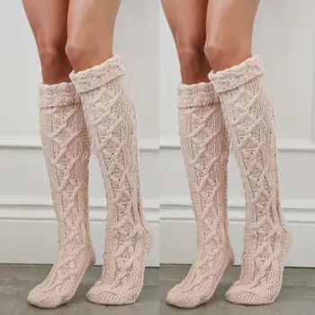 

Thigh-High Soft Solid Kniteed Stockings Women Winter Warm Cable Knit Over knee Long Boot
