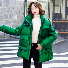 

New Women No-Wash Down Jacket Winter 2022 Casual Fashion Hooded Solid Color Drawstring Thick Loose Short Glossy Down Outerwear