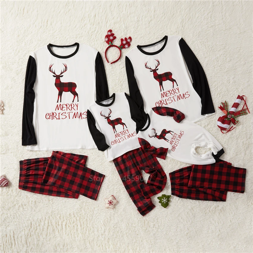 Рождественские пижамы Семейные Комплекты Одежда «Мама и я» красная Новогодняя одежда с принтом лося комплект из топа и штанов