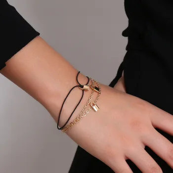 

2pcs/set Charms Small Padlock Layered Bracelet Female Fashion Black Rope Bracelets Lock Pendant Gold Color Hand Chain Jewelry