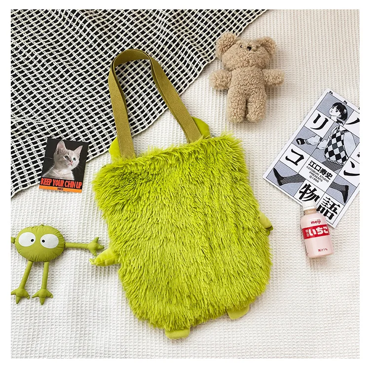 Women new Japanese cute funny plush handbag personality embroidery little monster plush girl student shoulder bag female bag