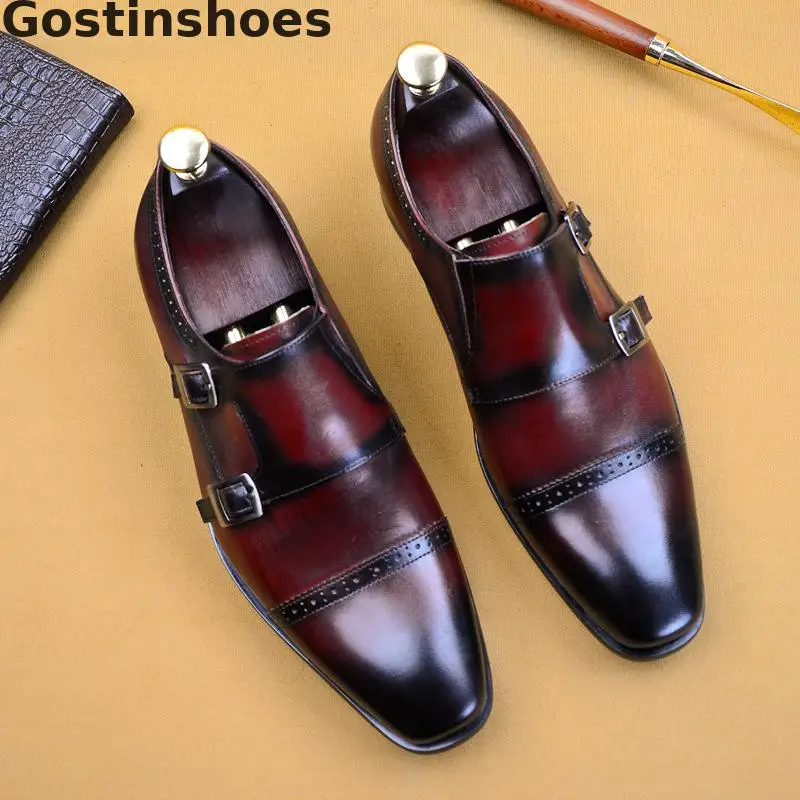 

Men Monk Straps Shoes Cow Leather Double Buckle Straps Black Wine Red Dress Shoes Men Formal Shoes Capped Toe Derby Shoes Office