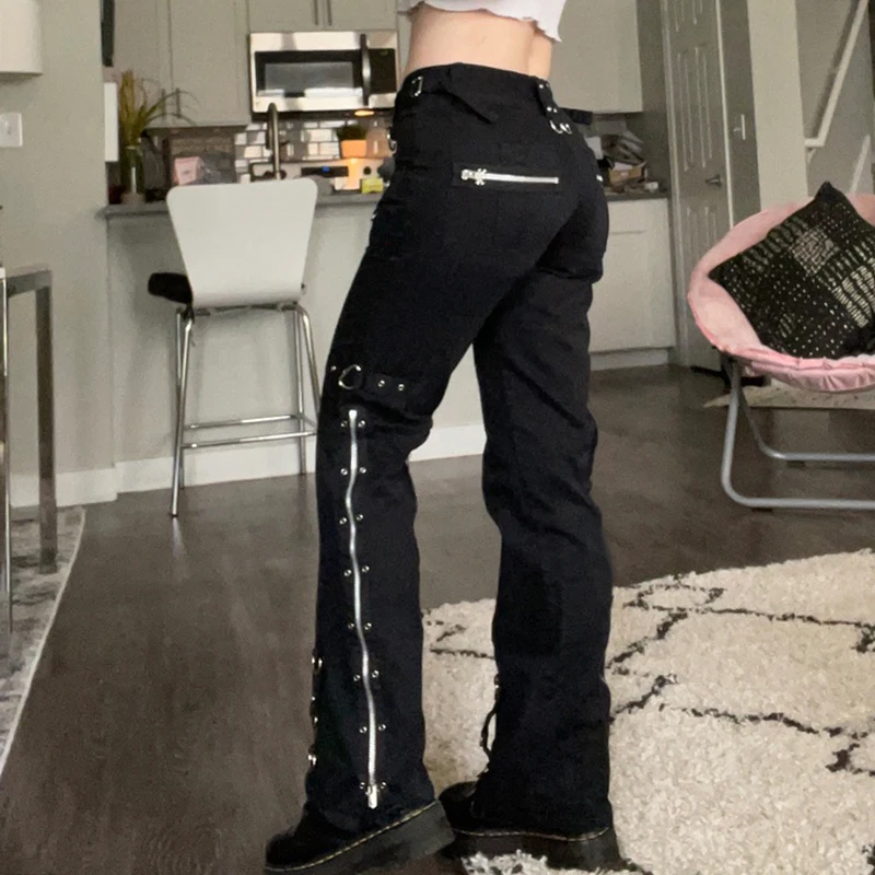 blue jeans SUCHCUTE Punk Rivets Zipper Black Straight Jeans Gothic Low Waist Women Denim Trousers Aesthetic Streetwear Dark Academia Pants versace jeans couture