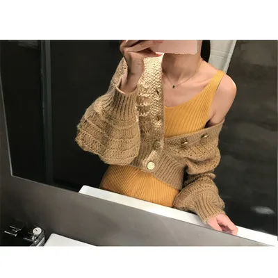 khaki Женские осенние однотонные короткие вязаные свитера, повседневные свободные размеры с v-образным вырезом, Женские Элегантные вязаные кардиганы с рукавами-фонариками - Цвет: khaki