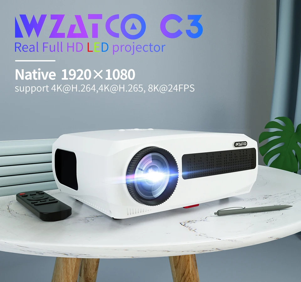 WZATCO C3 Full HD 1080P Projector Android 9.0 WIFI 300inch Big Screen Proyector Home theater Media Video Player Smart Beamer