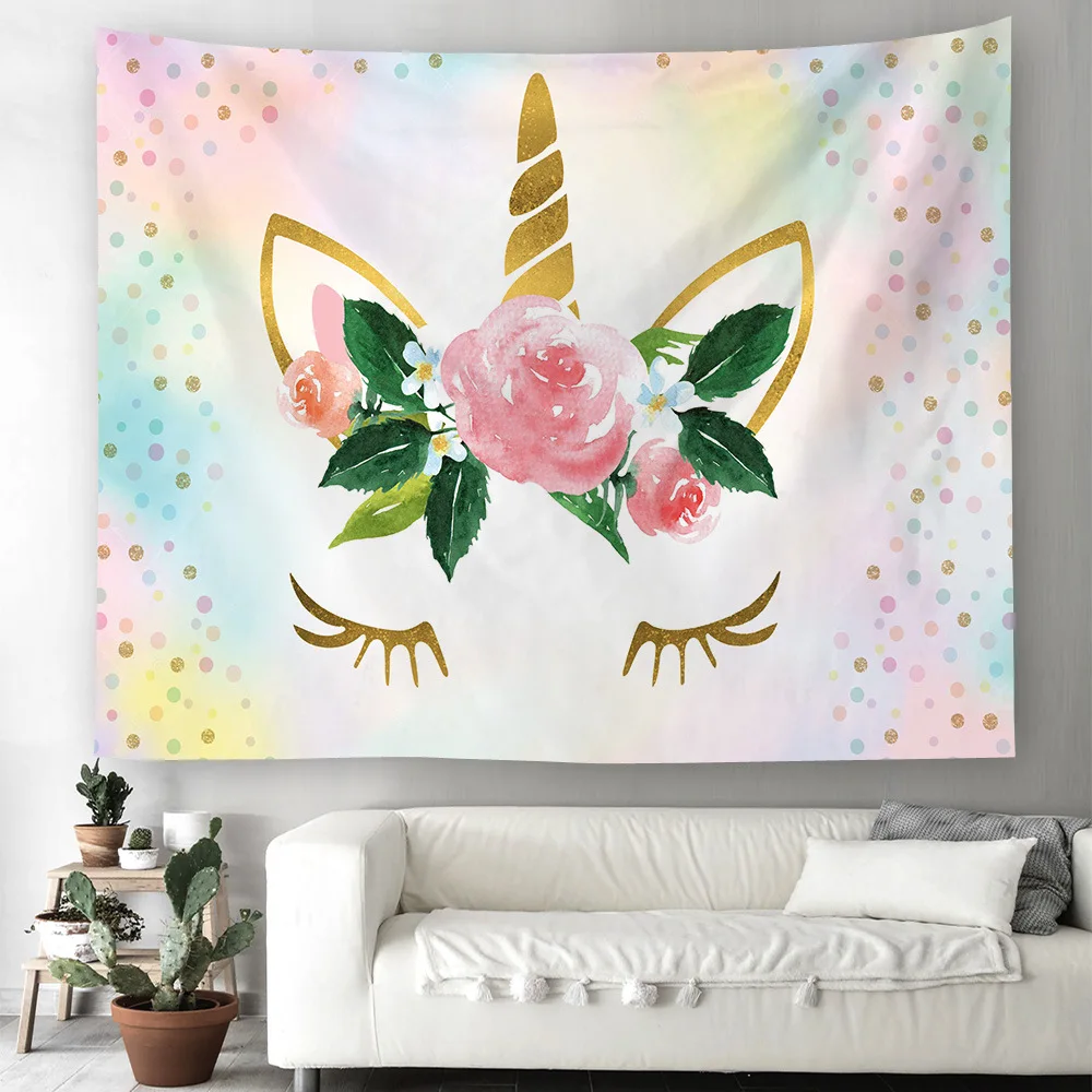 

Unicorn Party Flower Rainbow Painting Tapestry Morden Cartoons Parttern Wall Hanging Bedroom Study Background Cloth