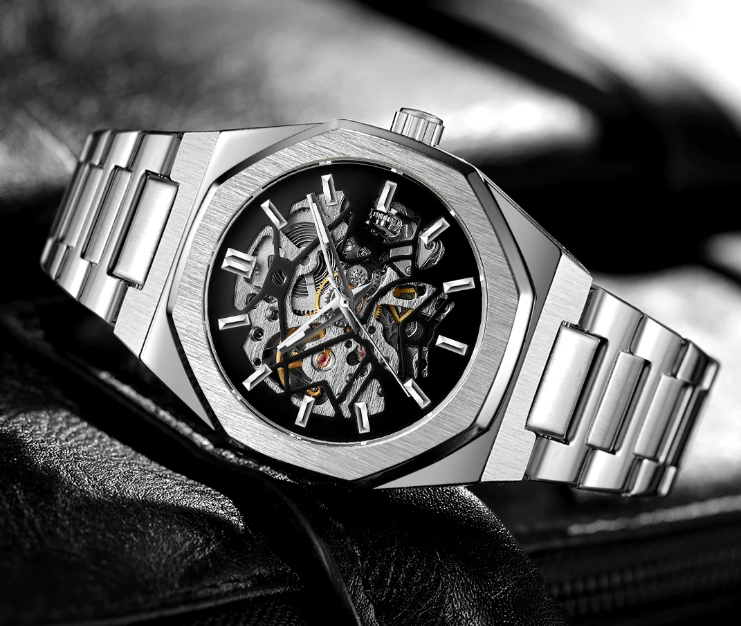 FORSINING brand watch men mechanical hollow watch fashion casual automatic blue stainless steel watch FSG8198