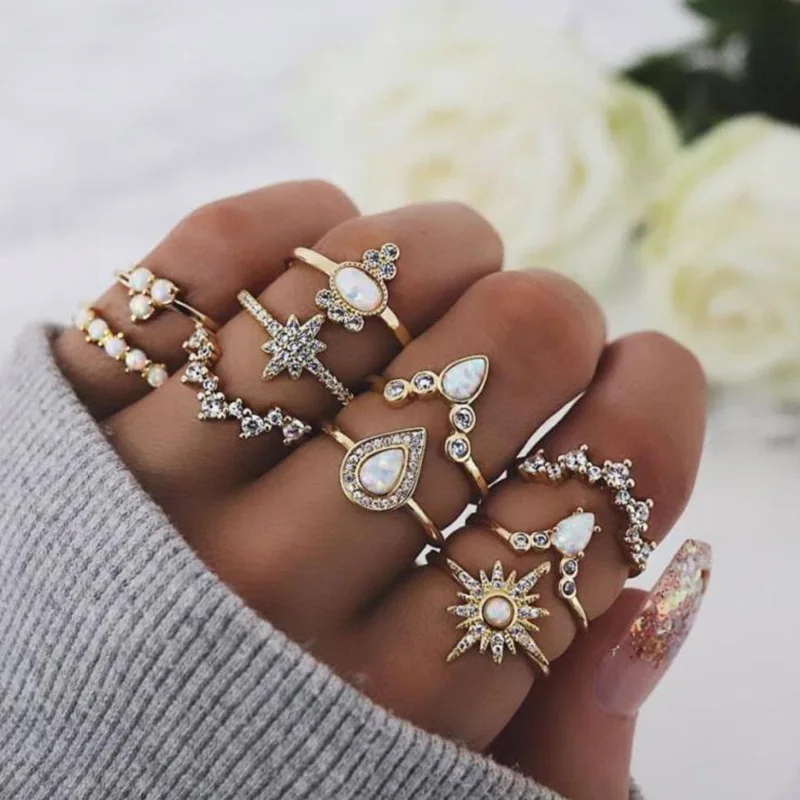 

10pcs/Set Bohemian Midi Finger Rings Set For Women crystal Geometric Crown Knuckle Ring Fashion wedding Jewelry Drop shipping