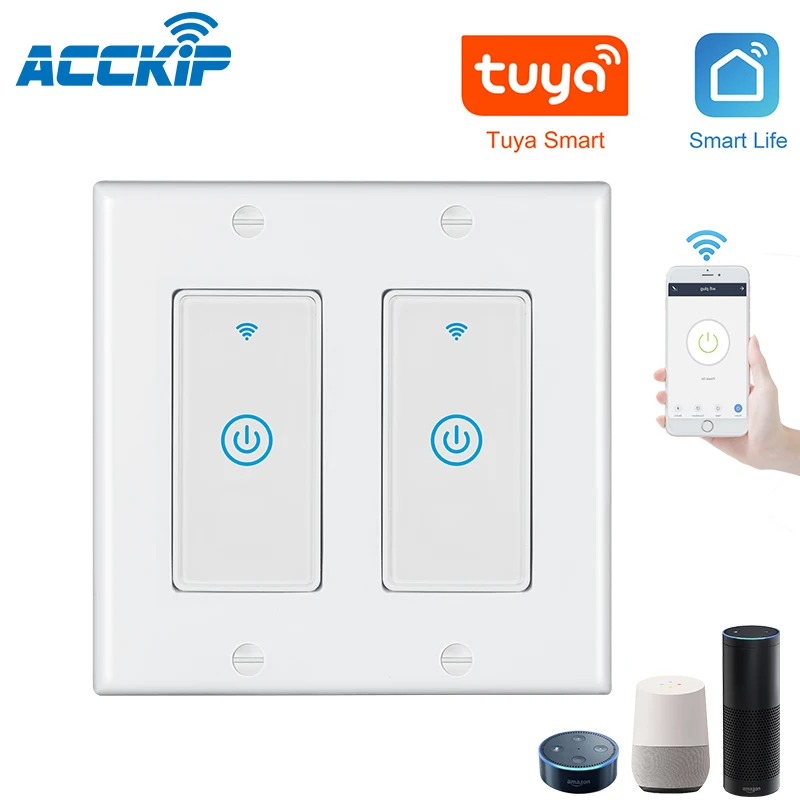 ACCKIP Smart Home Wireless Remote Control No Wiring Electrical Wall Switch 2 gang 2way Touch WiFi Smart Light Switch US Type