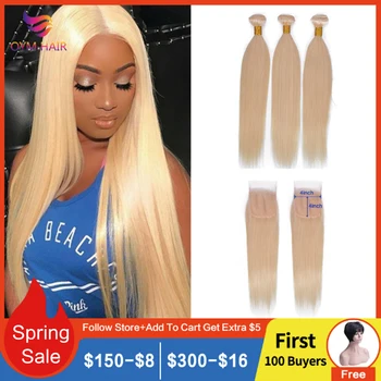 

OYM HAIR 613 Honey Blonde Bundles With Closure Brazilian Remy Straight Human Hair 613 Bundles With Closure Hair Extension