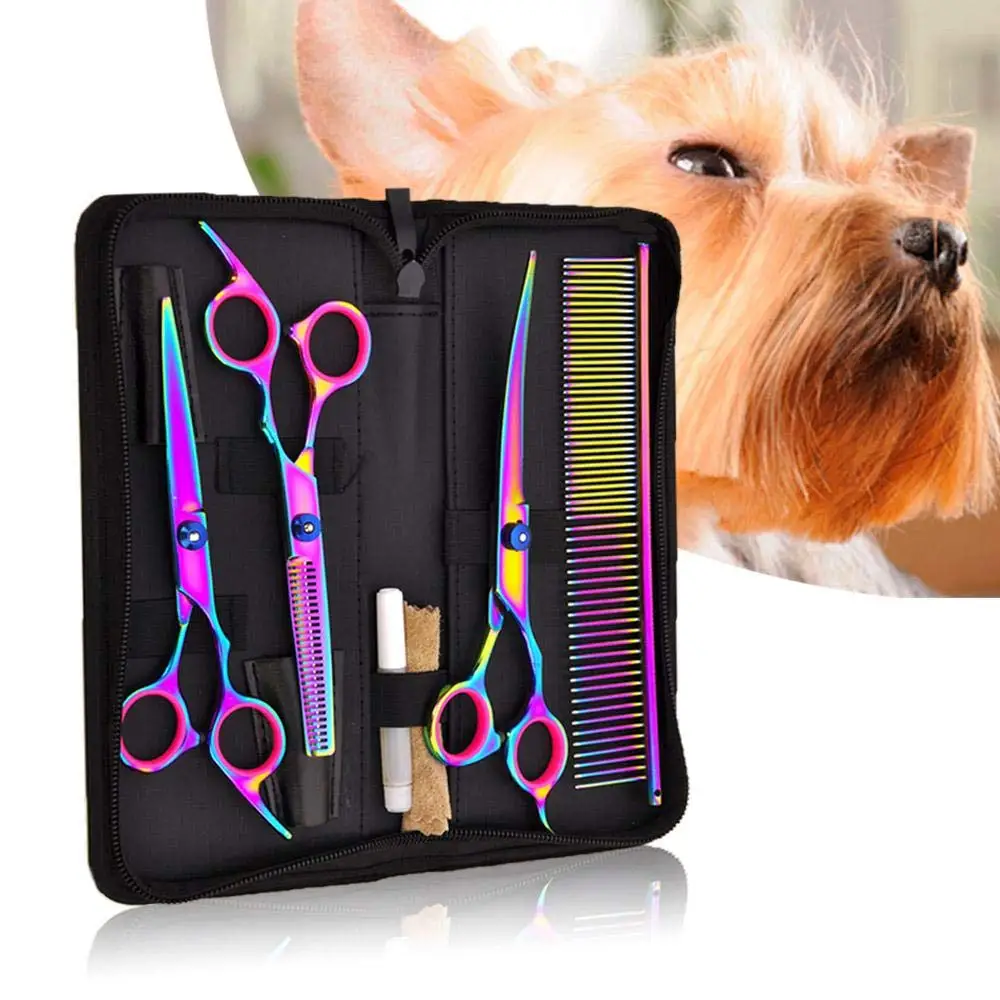 

7.0 Inch Professional Pet Hair Scissors Set Dog Grooming Shears Hair Cutter Straight Thinning Curved Scissors 3pcs Set + Comb