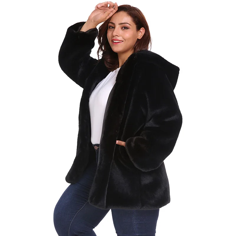 Женская пушистая куртка 5XL 6XL размера плюс пальто из искусственного меха с капюшоном Длинная одежда с рукавами зимняя теплая меховая длинная парка пальто черного цвета