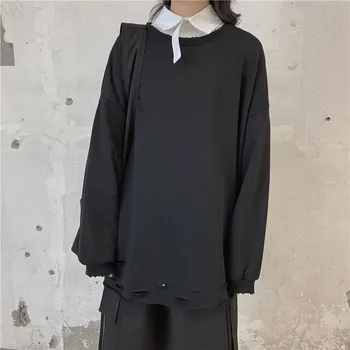 

2020 Autumn Women Tshirt Tops&Tees Cotton Long Sleeve Hole Oversize Loose Solid Dark High Street tshirts Gothic Outdoor Clothes