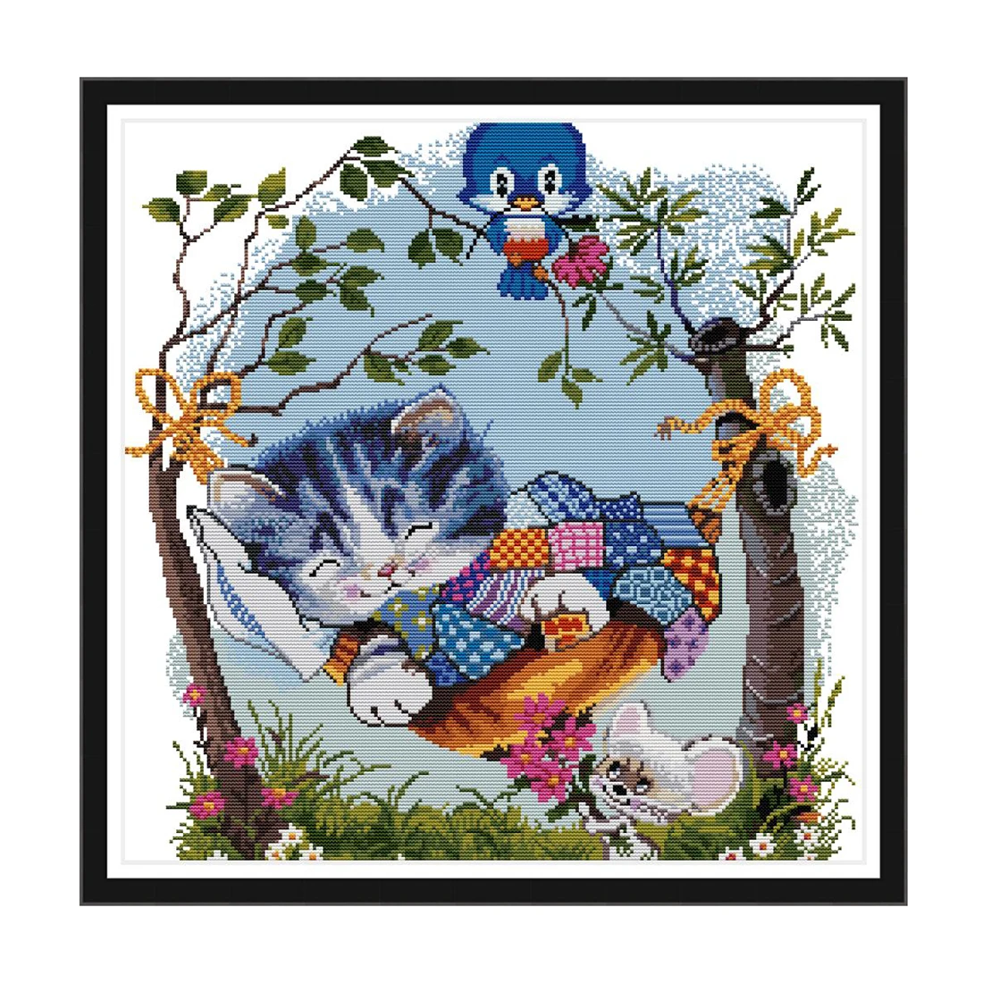 

60 x 60cm 11CT 3 Strands Printing Cross Stitch Kits DIY Decorative Cross-stitch Embroidery Kit Without Frame - Kitten On Swing