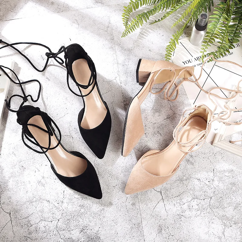 

Yan li jia ren 2019 Summer Autumn New Style Chunky Heel Pointed Sandals Cross Straps WOMEN'S Shoes Fashion Semi-high Heeled Sued