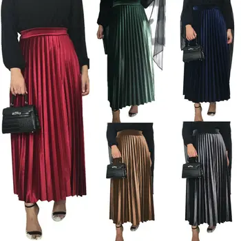 

Women Ladies Velvet Pleated Long Skirt A Line Swing Maxi Skirts High Waist Elastic Flare Skater Fashion Islamic Muslim