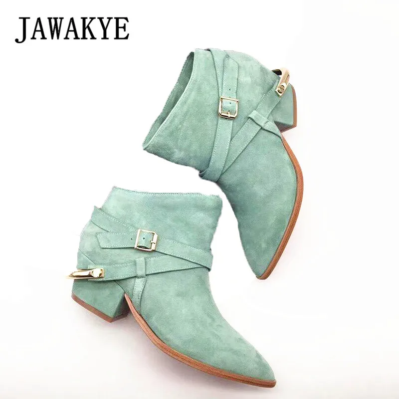 

JAWAKYE New Genuine Leather Suede Ankle Boots for Women Brown green Pointed toe kitten Chunky Heels Short Boots ladies fashion metal buckle Winter Shoes Woman botas feminina