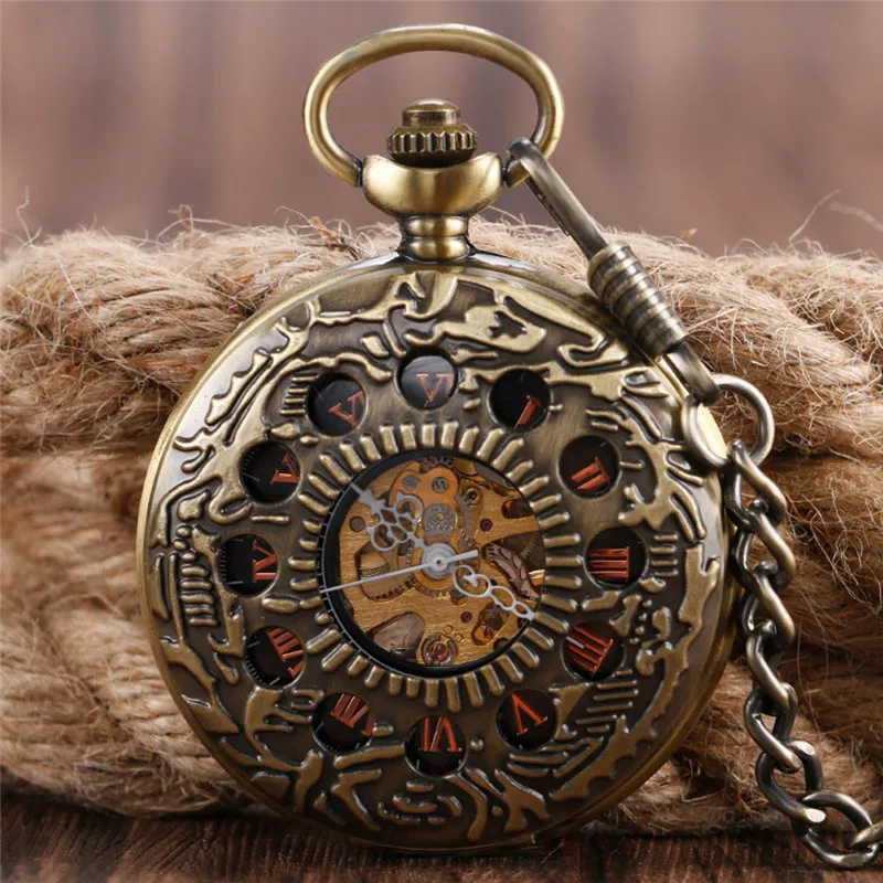 Steampunk Men Women Handwinding Mechanical Pocket Watch Half Hunter Skeleton Clock Roman Numeral Pendant Chain Collectable
