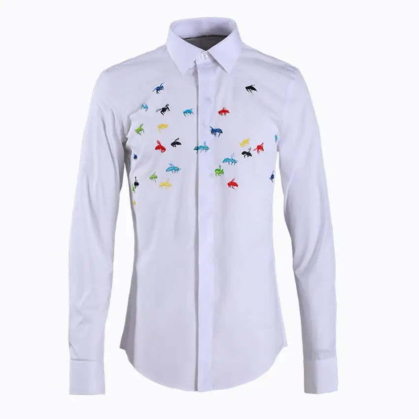 Minglu Bee Embroidry мужские рубашки, роскошные приталенные однотонные повседневные мужские рубашки размера плюс 4xl, мужские рубашки с длинным рукавом - Цвет: WHITE