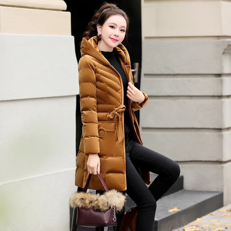 

Mid-length down Jacket Cotton-padded Clothes 2019 Korean-style New Style Gold Velvet Cotton-padded Clothes Slim Fit Hooded Elega