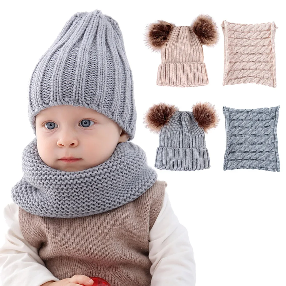 2021 Baby Hats Scarf Knitted Warm Fur Pompom Round Machine Cap Protects Ear Bonnet Winter Caps 2 Pcs/Set | Аксессуары для одежды
