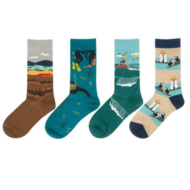 

hot Unisex Funny Socks Surfing Man Penguin Island Night Forest Deep Sea Snorkeling Quiet Mountain Field Men Socks Women Harajuku