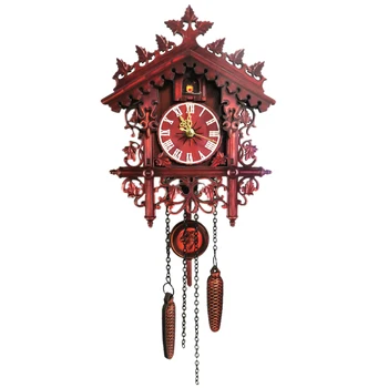 

Vintage Wooden Cuckoo Clock Swinging Pendulum Wood Hanging Crafts for Home Decorative Restaurant Living Room Wall Clock