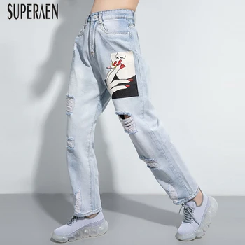 

SuperAen 2020 Summer New Women Jeans Print Wild Casual Ladies Long Jeans Fashion Europe High Waist Jeans Female