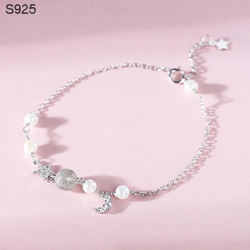 Настоящий чистый твердый 925 пробы серебряный браслет для женщин ювелирные изделия Звезда Луна жемчуг ручной браслет браслеты с кисточкой