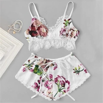 

1 Set Women's Pajama Set Lady Sleepwear Sexy Satin Lace V-Neck Pyjamas Sleeveless Cute Cami Top Shorts Feminina