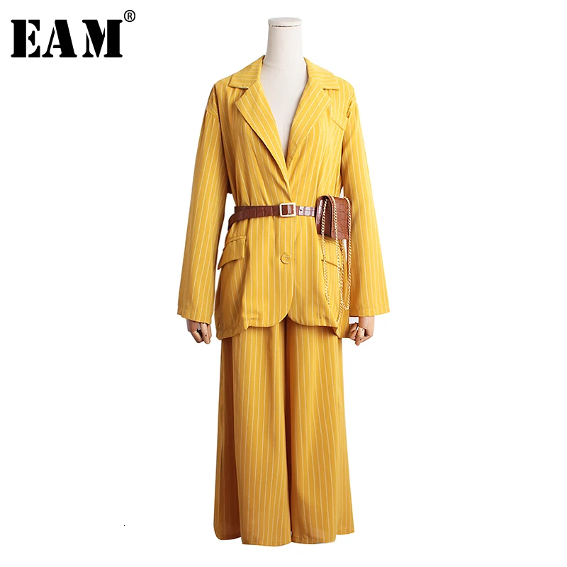 

[EAM] striped Wide Leg Pants Two Piece Suit New Round Neck Long Sleeve Black Loose Fit Women Fashion Spring Autumn 2019 1B357