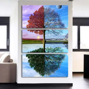 

3 Piece Modular painting Four Seasons changing Tree Painting Poster Wall Art Home Decoration Picture Prints
