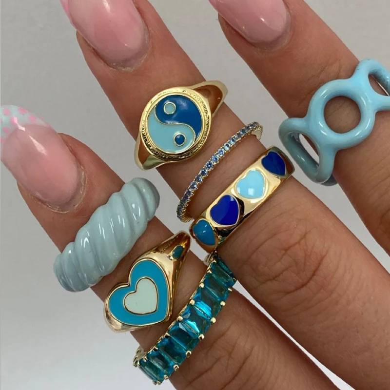 Enamel Colorful Tai Chi Gossip Rings Candy Color Metal Heart For Women Vintage Drip Oil Rings Finger Jewelry 2024 INS Fashion