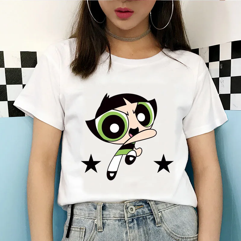 2020 New Summer Kawaii White Tops Powerpuff T Shirt Girls Harajuku Funny Cartoon Printed Cute T-shirts Women's Fashion Clothing