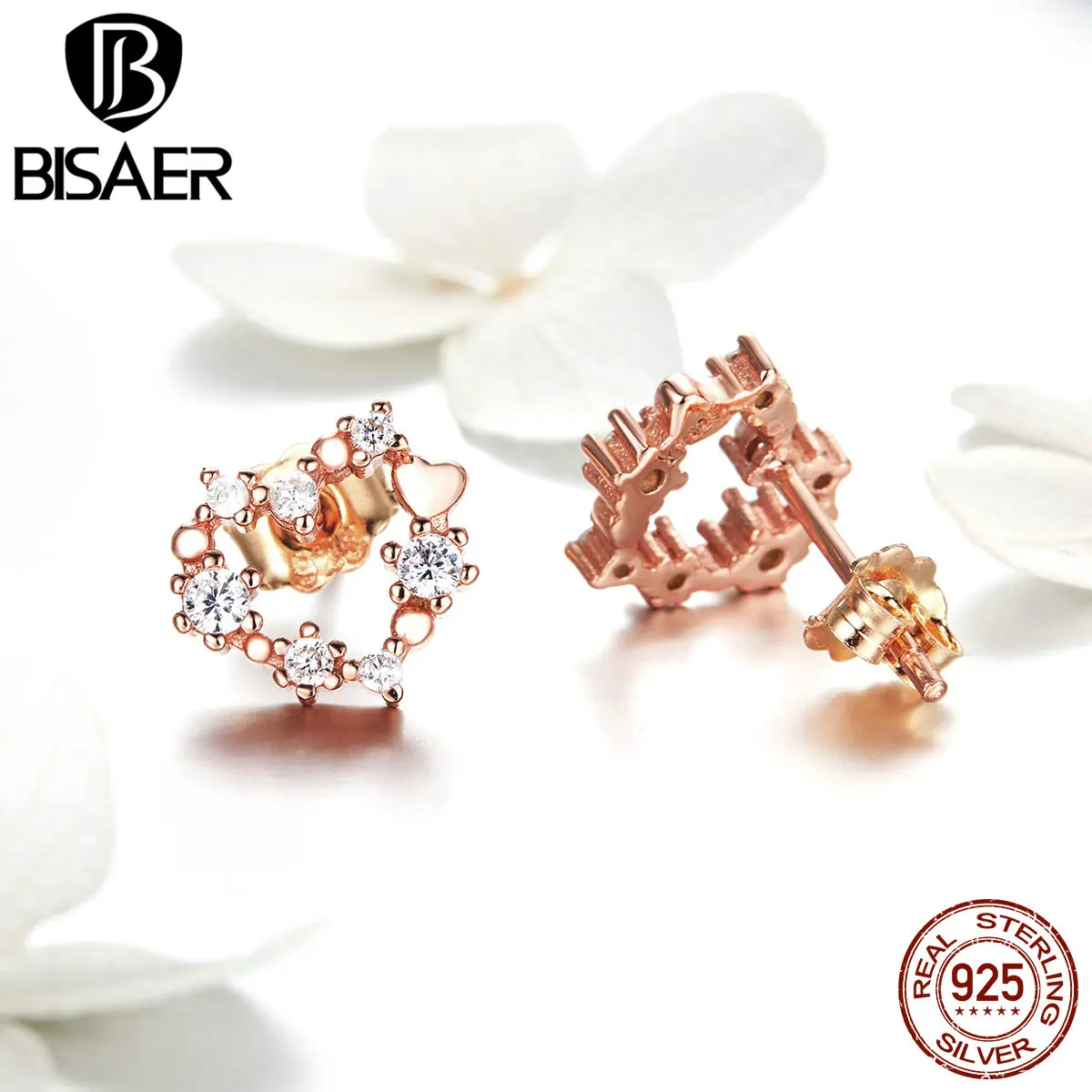 BISAER новая коллекция серебро 925 пробы классические серьги гвоздики с розовым