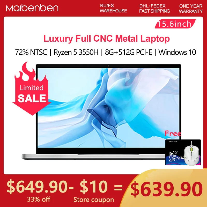 MAIBENBEN-ordenador portátil T536 Ryzen5, 3550H, 15,6 pulgadas, FHD1920 x 1080, pantalla ADS, CNC, cuerpo de metal, Teclado retroiluminado