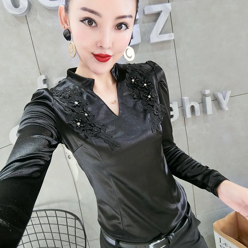 

Ozhouzhan 2019 Autumn And Winter New Style Fashion Embroidered Slim Fit Small V-neck Korean-style Sweater Long-sleeved T-shirt