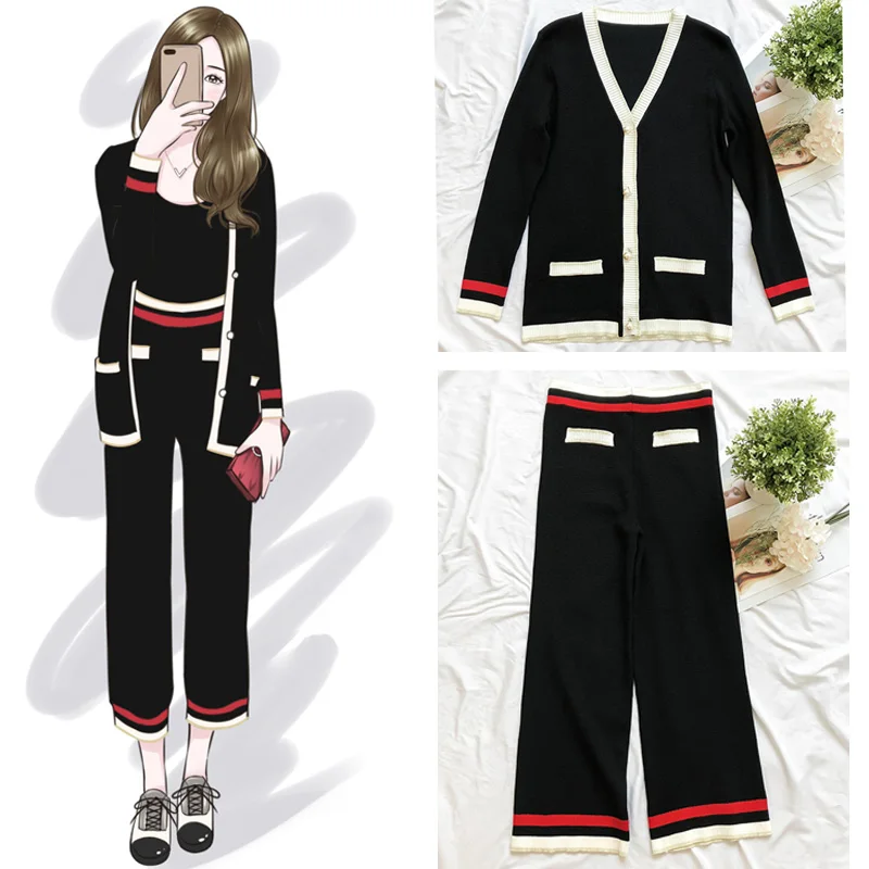 

Woman Striped Sweater Pants 2PCS Suit Long Knitted Cardigans Coat+Trousers Pants Two Pieces Sets Knit Tracksuit Clothing Set