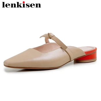 

Lenkisen hot sale outside slipper full grain leather square toe med heel butterfly-knot Korean street slip on shoes women L33