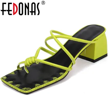 

FEDONAS Vintage Lace Up Genuine Leather Women'S Sandals Peep Toe Thick High Heels Slippers Basic Fashion Party Shoes Woman Heels