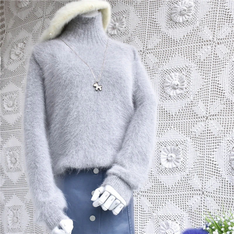 

Elegant casual femme women thin loose real angora rabbit fur knitwear turtleneck basic pullover bottoming sweater winter blouses