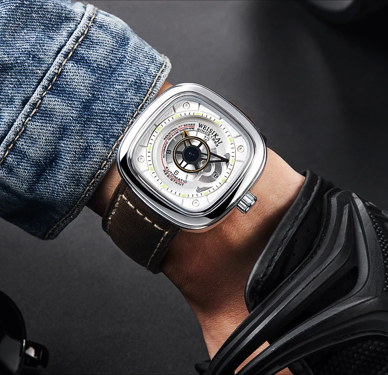 WEISIKAI Automatic Mechanical Watch for Men Calendar Luminous Square Creative Waterproof Male Leather Wristwatch Sport Clock 601