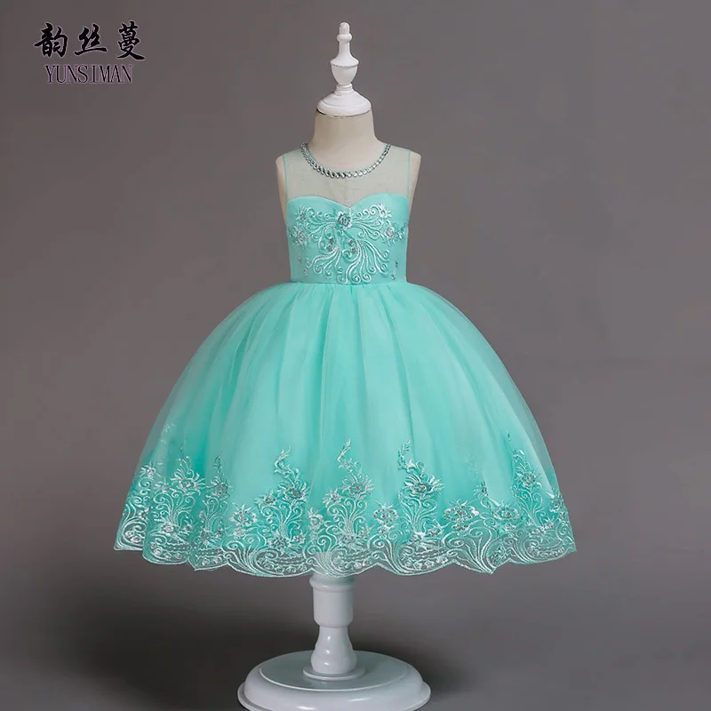 

Baby Girls Dress 2 - 8 10 12 to 14 Year Flower Embroidery Beading Green Party Princess Costume Girls Elegant Evening Dress 1M29A