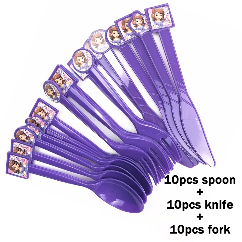 10Spoon10Fork10Knife София Принцесса София Дети День рождения украшения набор вечерние принадлежности баннер на тарелке, чашке, шляпе соломенная сумка вилка салфетка - Цвет: 10Spoon10Fork10Knife